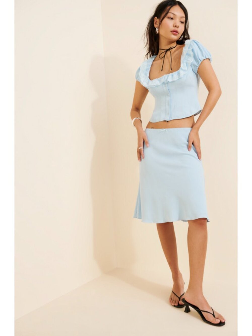 Guizio Bridgerton Light Sky Blue Paloma Ruffle Lace Top Midi Skirt Matching Set